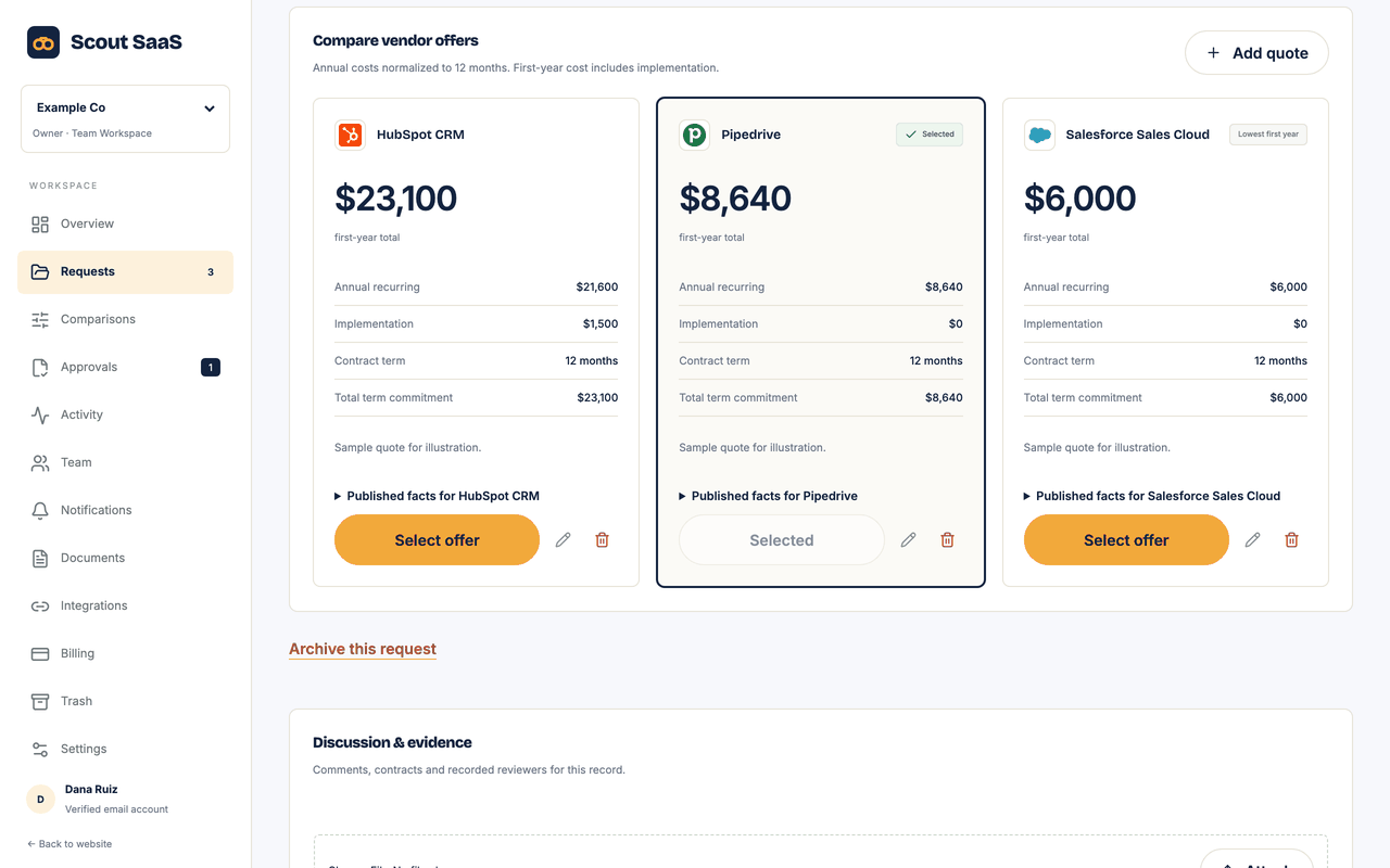 Scout SaaS quote comparison with vendor facts